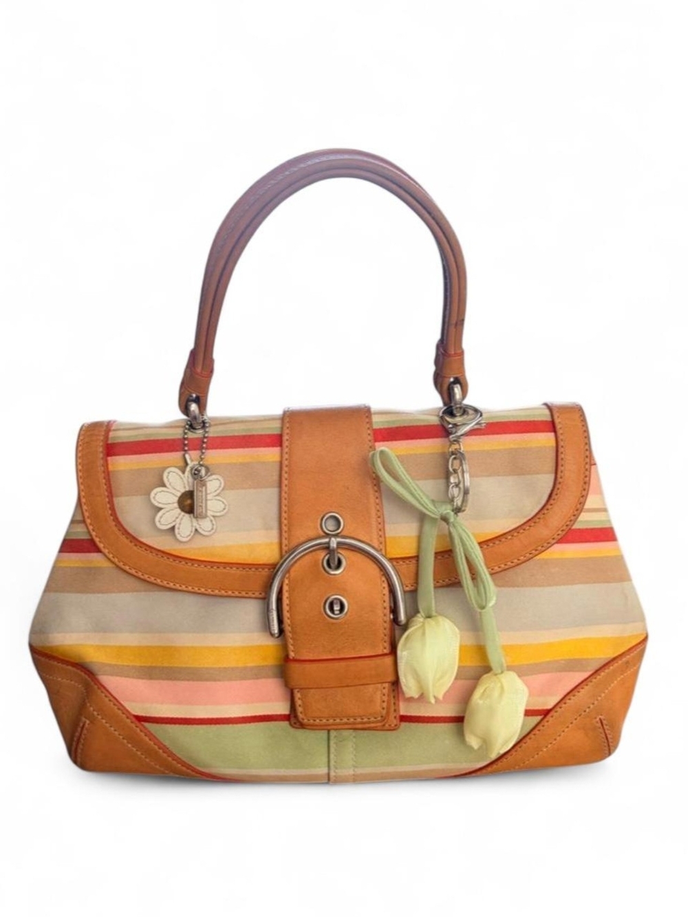 Coach Striped Multicolor Shoulder Bag with Tan Leather Trim